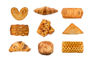 Çeşitli Puff Pastaları İzole, Danimarka Pastaları Seti, Beyaz Arkaplanda Çok Kahvaltı Pastanesi Koleksiyonu