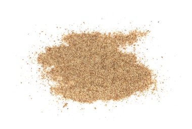 Süt devedikeni tozu izole, ezilmiş silybum marianum tanecikleri, öğütülmüş kuru kutsal süt devedikeni beyaz arka planda, bitki ilacı içeriği üst görünüm