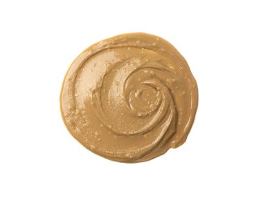 Tahini yuvarlak smear izole edilmiş, susam tohumu macunu sıçramış, tahina sosu dökülmüş, doğu sosu dökülmüş, geleneksel doğu mutfağı dairesel damla, zemin susamı beyaz arka planda.