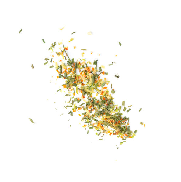 Dried vegetable mix isolated. Dehydrated greens, onion, carrot pieces, seasoning chips, flakes blend on white background
