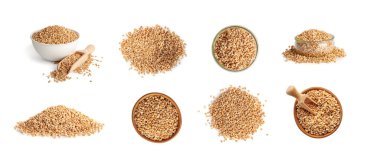 İzole edilmiş buğday taneleri, Arpa Yığını, Ekmek İçin Kuru Gevrek Tohumları, Spelta Sağlıklı Organik Gıda, Beyaz Arkaplan Üst Görünümlü Buğday Taneleri