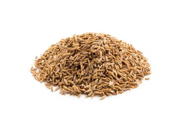 Kimyon yığını izole edildi. Kaz ya da rezene çekirdekleri yakın çekim, zeera makro, Hint kimyon ya da zira tahıllar üst görünüm, Asya mutfağı çeşnili jeera ya da beyaz arka plan görünümlü kimyon