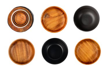 Empty Wood Bowl Isolated, Wooden Bowl on White Background Top View, Rustic Kitchen Mock Up