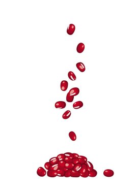 Kırmızı adzuki fasulyesi, düşen çiğ aduki fasulyesi yığını, Vigna angularis legume tohumları, uçan küçük kuru azuki, kırmızı mung fasulyesi taneleri, Japon tatlı malzemeleri, düz vektör çizimi