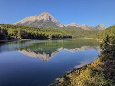 Sakin bir göl üzerinde yükselen karla kaplı bir dağın nefes kesici manzarası, etrafındaki orman berrak mavi bir gökyüzünün altında suyun yüzeyine mükemmel bir şekilde yansıyor..