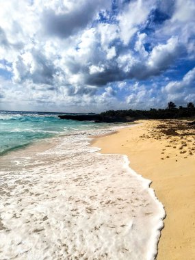 A pristine sandy beach with foamy ocean waves under a cloudy blue sky, tropical paradise. clipart