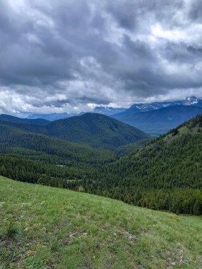 Yoğun yeşil ormanlarla kaplı yeşil bir vadinin manzarası. Fırtınalı bulutların altında karla kaplı dağlar. Uçsuz bucaksız bir doğal doğa..