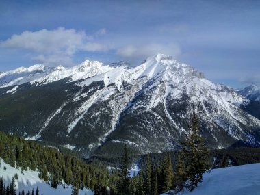 Karla kaplı bir dağ sırasının panoramik görüntüsü altında engebeli zirveler ve sık yeşil ormanlar var. Parlak gökyüzü beyaz yamaçlara zıt..
