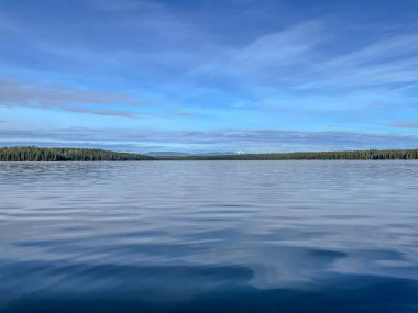 Yoğun bir ağaç hattı ve uzak dağlarla çevrili, parlak mavi gökyüzünü yansıtan büyük, durgun bir göl. Huzurlu bir doğal manzara..