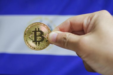 Bitcoin ve El Salvador bayrağının fiziksel bir versiyonunu barındırıyor. El Salvador 'un kripto para ve engelleme teknolojisinin kavramsal diyagramı. Çift pozlama yaratıcı bitcoin sembolü hologram.