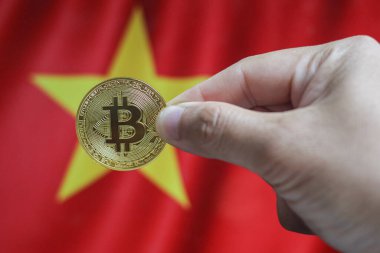 Bitcoin (yeni sanal para birimi) ve Vietnam bayrağının fiziksel bir versiyonunu tutun. Vietnam kripto para birimi ve engelleme teknolojisi yatırımcısı konsept haritası