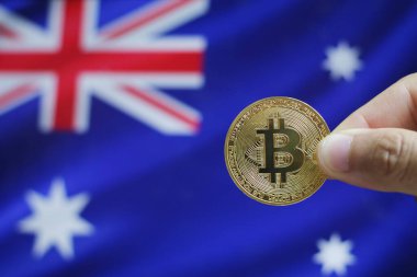Avustralya bayrağı Bitcoin altın rengi. Avustralya bayrağı arka plan üzerinde Cryptocurrency