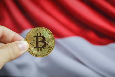 Golden bitcoin coin in man's hand, Indonesia flag in the background.