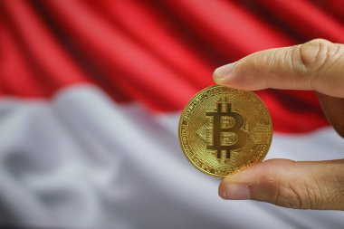 Altın Bitcoin bir adamın elinde, Endonezya bayrağı da arka planda.