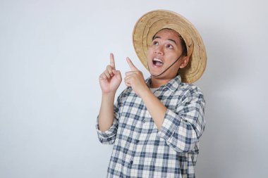 Yakışıklı Asyalı çiftçi çeltik tarlasında, şapka ve ekose gömlek giyiyor, elini beline koyuyor, parmağını kaldırıyor. Tarım işgali kavramı. Taylandlı çiftçi. Doğayla çalışmak. Organik tarım.