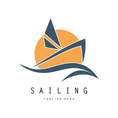 Sahilde deniz dalgası logosu ve hindistan cevizi ağacı.