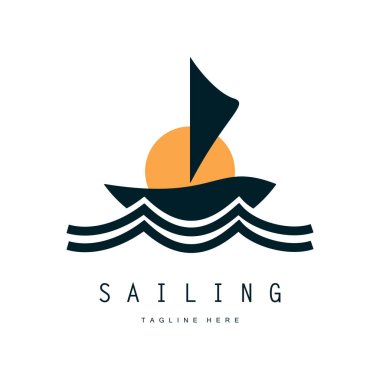 Sahilde deniz dalgası logosu ve hindistan cevizi ağacı.