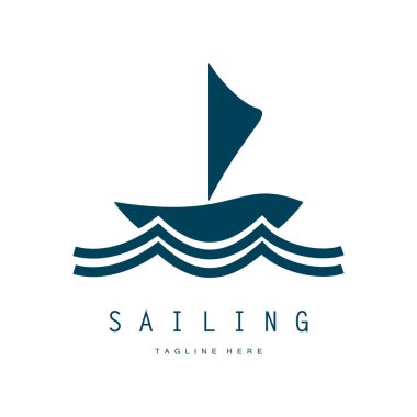 Sahilde deniz dalgası logosu ve hindistan cevizi ağacı.