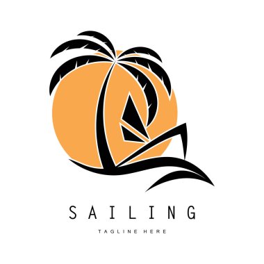 Sahilde deniz dalgası logosu ve hindistan cevizi ağacı.