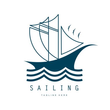 Sahilde deniz dalgası logosu ve hindistan cevizi ağacı.