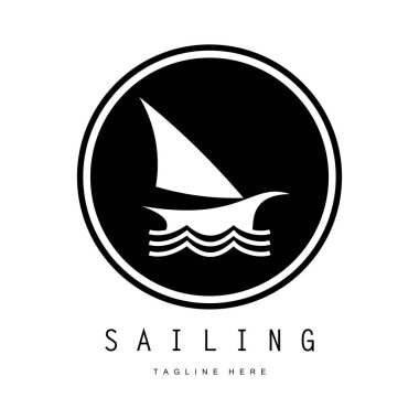 Sahilde deniz dalgası logosu ve hindistan cevizi ağacı.