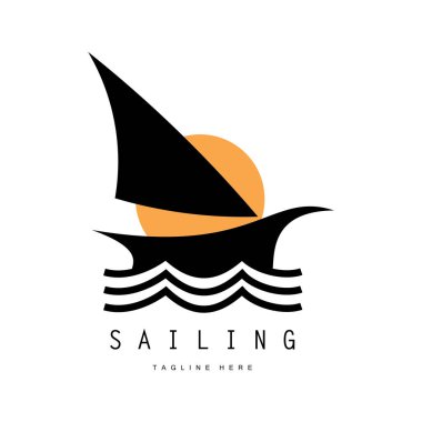 Sahilde deniz dalgası logosu ve hindistan cevizi ağacı.