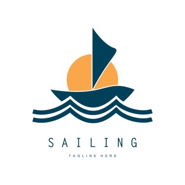 Sahilde deniz dalgası logosu ve hindistan cevizi ağacı.