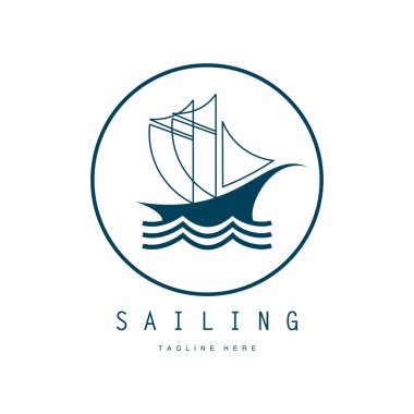 Sahilde deniz dalgası logosu ve hindistan cevizi ağacı.