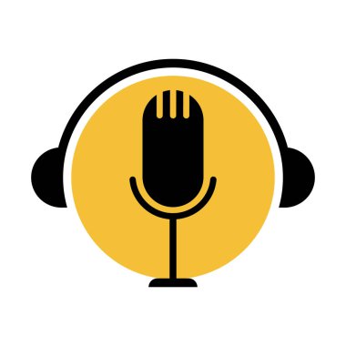 Podcast logosu, mikrofon, kulaklık, radyo dalgaları. Stüdyo, talk show, chat, bilgi paylaşımı, röportaj, multimedya için.
