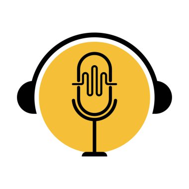 Podcast logosu, mikrofon, kulaklık, radyo dalgaları. Stüdyo, talk show, chat, bilgi paylaşımı, röportaj, multimedya için.