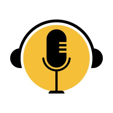 Podcast logosu, mikrofon, kulaklık, radyo dalgaları. Stüdyo, talk show, chat, bilgi paylaşımı, röportaj, multimedya için.