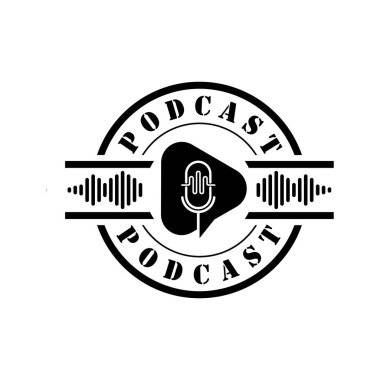 Podcast logosu, mikrofon, kulaklık, radyo dalgaları. Stüdyo, talk show, chat, bilgi paylaşımı, röportaj, multimedya için.