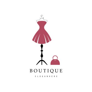 Butik moda logosu. Pembe arka planda manken elbisesi ve el çantası. Askılı kadın giyim logosu, lüks kıyafetler. İş, butik, moda mağazası, manken, alışveriş ve güzellik logosu.. 