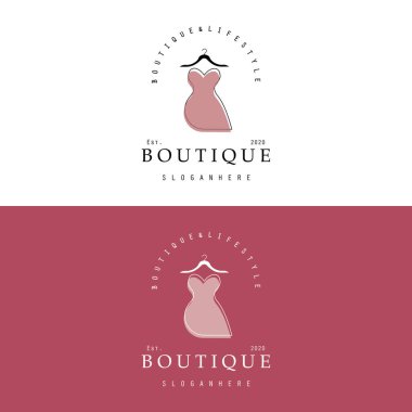 Butik moda logosu. Pembe arka planda manken elbisesi ve el çantası. Askılı kadın giyim logosu, lüks kıyafetler. İş, butik, moda mağazası, manken, alışveriş ve güzellik logosu.. 