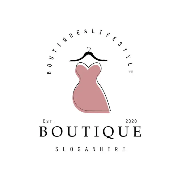 Butik moda logosu. Pembe arka planda manken elbisesi ve el çantası. Askılı kadın giyim logosu, lüks kıyafetler. İş, butik, moda mağazası, manken, alışveriş ve güzellik logosu.. 