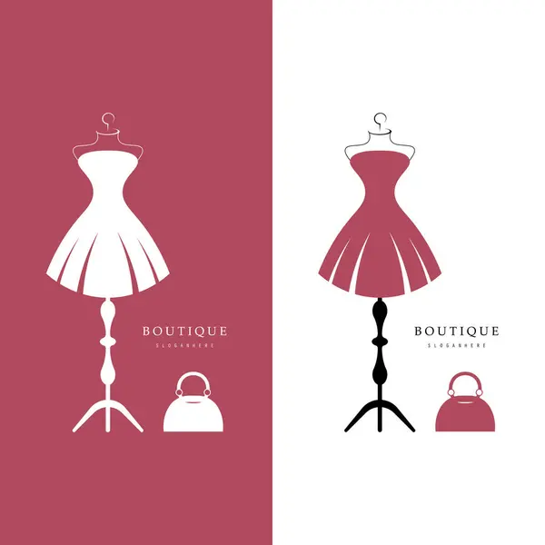 Butik moda logosu. Pembe arka planda manken elbisesi ve el çantası. Askılı kadın giyim logosu, lüks kıyafetler. İş, butik, moda mağazası, manken, alışveriş ve güzellik logosu.. 