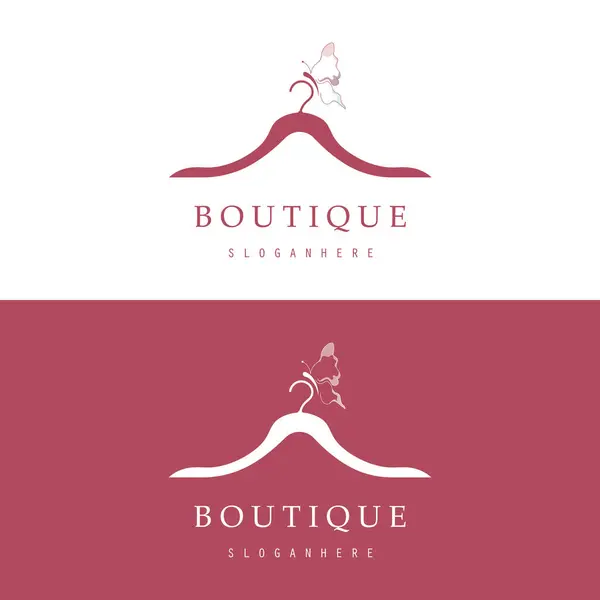 Butik moda logosu. Pembe arka planda manken elbisesi ve el çantası. Askılı kadın giyim logosu, lüks kıyafetler. İş, butik, moda mağazası, manken, alışveriş ve güzellik logosu.. 