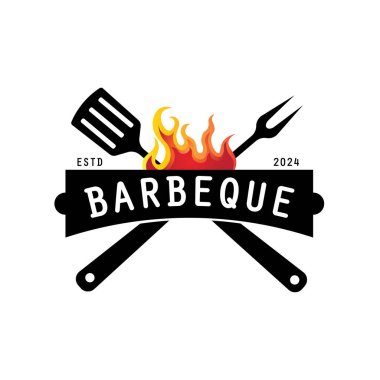 Barbekü logosu tasarımı. Ateş, spatula ve çatal kavramlı ızgara sembolü. Klasik BBQ rozet vektörü