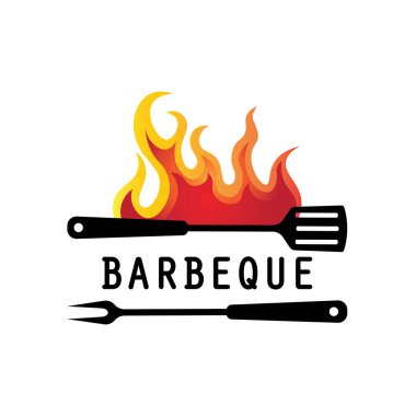 Barbekü logosu tasarımı. Ateş, spatula ve çatal kavramlı ızgara sembolü. Klasik BBQ rozet vektörü