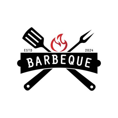 Barbekü logosu tasarımı. Ateş, spatula ve çatal kavramlı ızgara sembolü. Klasik BBQ rozet vektörü