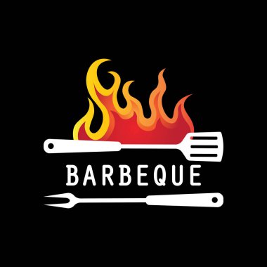 Barbekü logosu tasarımı. Ateş, spatula ve çatal kavramlı ızgara sembolü. Klasik BBQ rozet vektörü
