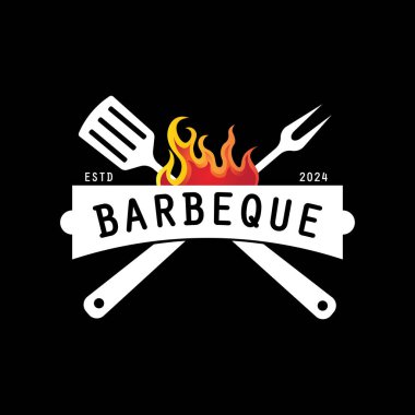 Barbekü logosu tasarımı. Ateş, spatula ve çatal kavramlı ızgara sembolü. Klasik BBQ rozet vektörü