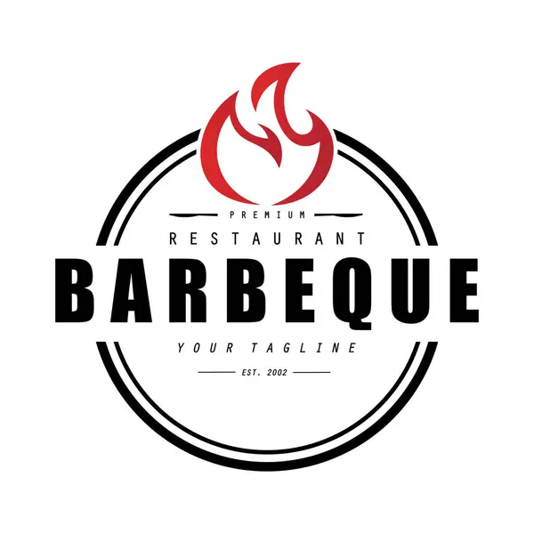 Barbekü logosu tasarımı. Ateş, spatula ve çatal kavramlı ızgara sembolü. Klasik BBQ rozet vektörü