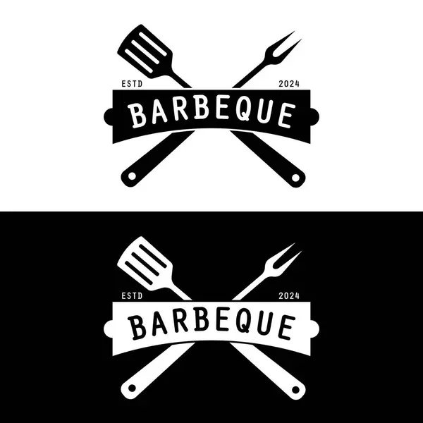 Barbekü logosu tasarımı. Ateş, spatula ve çatal kavramlı ızgara sembolü. Klasik BBQ rozet vektörü