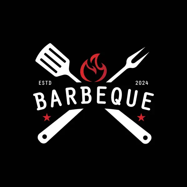 Barbekü logosu tasarımı. Ateş, spatula ve çatal kavramlı ızgara sembolü. Klasik BBQ rozet vektörü