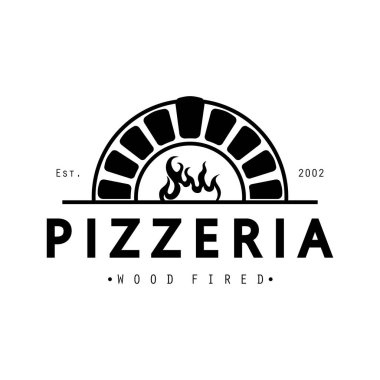 İtalyan yemeği, pizza ya da haçlı kürek ve tuğla fırınlı pizza logosu tasarımı. İş, restoran, etiket ve rozetler için logo.