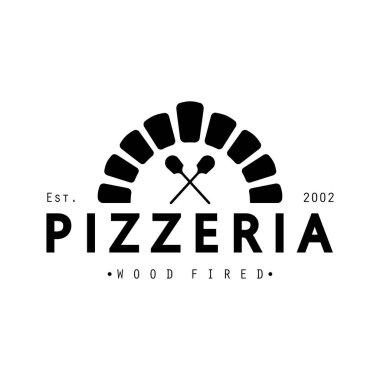 İtalyan yemeği, pizza ya da haçlı kürek ve tuğla fırınlı pizza logosu tasarımı. İş, restoran, etiket ve rozetler için logo.