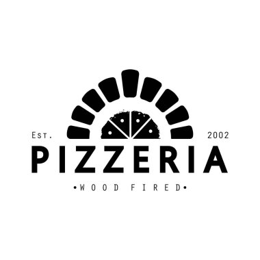 İtalyan yemeği, pizza ya da haçlı kürek ve tuğla fırınlı pizza logosu tasarımı. İş, restoran, etiket ve rozetler için logo.