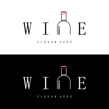Şarap kadehleri ve şişelerle şarap logosu. Gece kulüpleri, barlar, kafeler ve şarap dükkanları için logo, vektör..