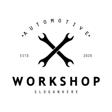 Atölye, rozet, sanayi, hizmet veya tamirci ve otomotiv logosu.